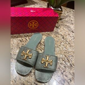 TORY BURCH Eleanor Embellished Snake-effect Sage Green Leather Sandals 8.5